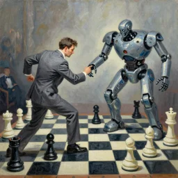 “a vivid impressionist painting of the heroic final battle between a dull clerk in a grey suit and a cyborg robot, the fight is happening on a life sized chessboard”