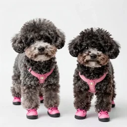 two cute old black/grey toy poodles wearing pink shoes