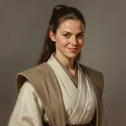 portrait of a jedi master woman by greg rutkowski, vestara khai, smirk, wearing jedi robes, star wars expanded universe, she is about 6 0 years old, wearing jedi robes, highly detailed portrait, digital painting, artstation, concept art, smooth, sharp foccus ilustration, artstation hq