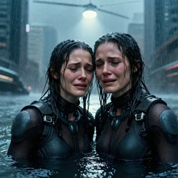 cinestill 5 0 d candid photographic portrait by steven spielberg of two loving female androids sobbing wearing rugged black mesh techwear in treacherous waters, flooded city, medium closeup, retrofuturism cyberpunk moody emotional cinematic, pouring iridescent rain bright spotlight helicopter, 8 k, hd, high resolution, 3 5 mm, f / 3 2, ultra realistic faces, ex machina