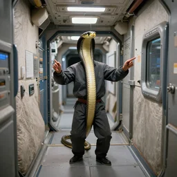 a snake charmer performing at the corridor of a space craft , cinematic, hdr, high detail, 4k, photo realistic