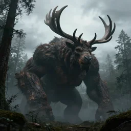 a lumbering giant creature with large antlers looming over a dark forest, mist, overcast sky, digital art