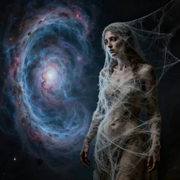 a withered woman wrapped in cobwebs, standing next to an inter dimensional portal of nebulas, by caravaggio