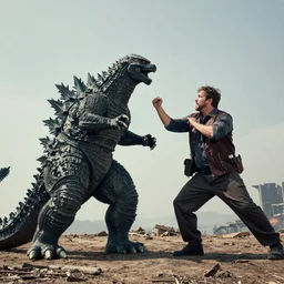 a Caucasian man fighting with Godzilla