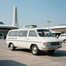 retrofuturistic van of the future inspired by spaceship design 1960s american world's fair, press photograph