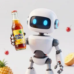 happy robot holding a bottle of delicious pineapple, cherry & banana flavoured nuka cola, post apocalypse, unreal engine, retro futurism, dieselpunk, 3 d art, concept art, highly detailed, pop art, by artgerm and jakub rozalsky
