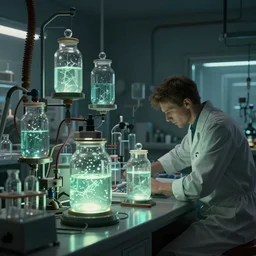 biopunk soviet laboratory with jars with glowing liquid inside professional digital art, intricate details, moody lightning, made by john brown abercromby
