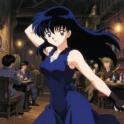 anime visual, portrait of a young female in a busy fantasy medieval tavern interior at night, cute face by yoh yoshinari, murata range, last exile, blue submarine no 6, dynamic pose, dynamic perspective, detailed silhouette, rich texture, seven deadly sins anime, anime cels, matte color, flat lighting, rounded eyes, cel shaded environment, 1 9 8 0 s