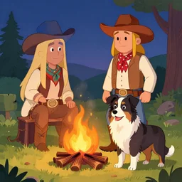 cartoon of hillbilly with long blonde hair at a bonfire with his australian shepherd