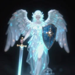 blurry photo of a glowing angel with shield and sword