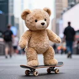 teddy bear skateboarding in time square, bokeh, hyper realistic, street photography