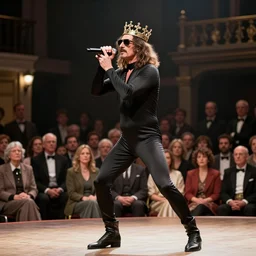 Frank Zappa in a leotard and a crown performs the role of Richard III in award-winning modern dress production of Richard III in front of a live audience, action shot, masculine