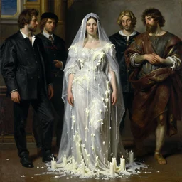 Beautiful woman under the white veil wearing a dress made from melted white candle wax by Ilya Repin, Mikhail Vrubel, William Blake, Michelangelo da Caravaggio, Rafaelle Monti and Beksinski, dramatic volumetric lighting, full body portrait, highly detailed oil painting, 4k, masterpiece