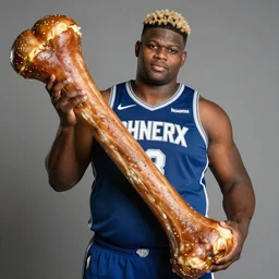 an obese zion williamson with dyed blond hair and holding a giant hambone