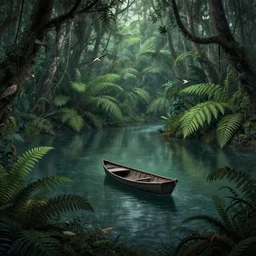 lonely boat floating on a river in the jungle, ferns, birds. digital drawing by tomm moore, wes anderson, jean pierre jeunet, tim burton, guido crepax. ultra detailed, unreal engine render.