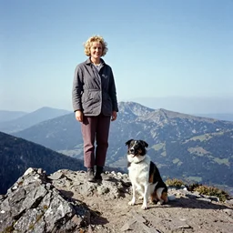 a woman standing on top of a mountain next to a dog flickr contest winner a colorized photo 1960 photo taken with ektachrome photo taken with provia provia synthetism by Scarlett Hooft Graafland