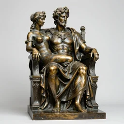 full body bronze sculpture of hades with persephone, neo - classical style, sitting on thrones, sharp facial features, royal, professional photography, dynamic and dominating