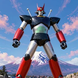 movie still frame, go nagai japanese giant armored shin great mazinger z in full epic pose, a psychedelic mount fuji in the background, intricate details, beautiful composition, 8 k, cgi, by ridley scott, james cameron, zack snyder and michael bay