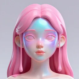 a 2 d girl with a detailed holographic face, 3 d pink dripping hair and minimalist nose and color