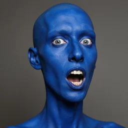 prussian blue by tomer hanuka imposing, sigma 8 5 mm f / 1. 4. a beautiful body art of a giant head. the head is bald & has a big nose. the eyes are wide open & have a crazy look. the mouth is open & has sharp teeth. the neck is long & thin.