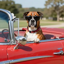 a boxer dog wearing sunglasses driving a classic red convertible bel air, award winning, high quality, sunny day
