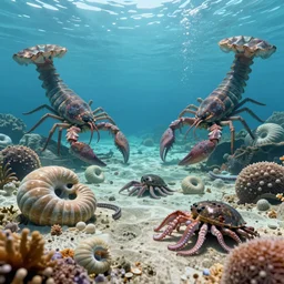 underwater view of cambrian era predators and prey ammonites, giant sea scorpions, echinoderms, horseshoe crabs, octane render, cinema 4 d, light rays, cinematic lighting, golden ratio, underwater photography, realistic, volumetric lighting, wildlife documentary, by greg rutkowski