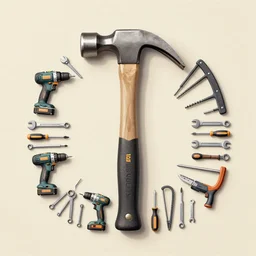 the shape of a large hammer made up of lots of stanley tools carefully arranged, power drills, power tools, saws, knives, spanners, screwdrivers, wrenches, digital illustration, overhead view, table top