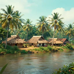 a cinematic landscape of a river side kerala village, thatched houses and coconut trees, 11mm lens, cinematic, dreamy, cinema 4D, volumetric lighting