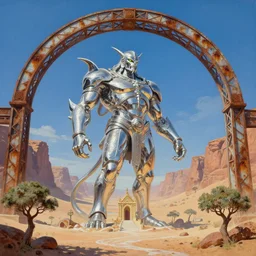 a shiny chrome gargantuan underneath a rusted metal archway that spans the sky, desert canyons in background, matte oil painting, science fantasy, biblical, salt dunes, sacred, shrines, trees, rpg, queer, lgbt, pride, epic, extremely detailed, sharp focus, 4 k