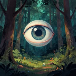 a big eye floats above the ground in a dense forest, illustration by john taylor dismukes and dave lafleur, luis royo, chrome art, rich deep colors