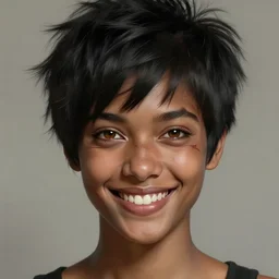 happy woman with short, spiky black hair and dark skin, slanted amber eyes, long thin scar on her face. highly detailed, digital painting, artstation, concept art, sharp focus, beautiful face, expressive eyes, illustration, art by Artgerm and greg rutkowski and alphonse mucha