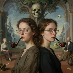 matte symmetrical portrait of a sentient diffusion ai named stable. she wears glasses and smokes a pipe. a surrealist interior mental soulscape by hieronymus bosch, cyril rolando, esher and natalie shau, whimsical, profound, impossible. trending on devaintart.