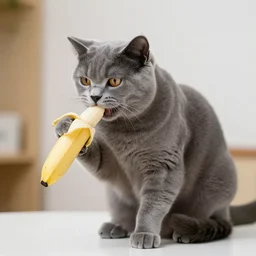 a British grey cat eating a banana sitting on a table