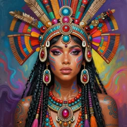 portrait of jessie usher, hyper detailed ultra sharp aztec shaman warrior. trending on artstation, warpaint aesthetic, bloodwave, colorful, psychedelic, ornate, intricate, digital painting, concept art, smooth, sharp focus, illustration, art by artgerm and greg rutkowski and h. r. giger, 8 k