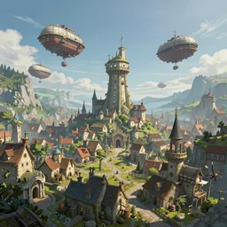 a low fantasy town with skyships, 4 k, extremely detailed. award winning, trending on artstation, 8 k, ultra wide angle