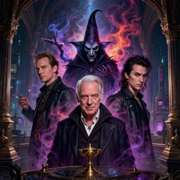 highly detailed beautiful portrait, mix of anthony hopkins, tom cuise, evil wizard, intricate colorful cosmic smoke magic, baroque gothic victorian interior cyberpunk city vista, artstation, tyle of artgerm, andreas rocha, hiroshi nagai