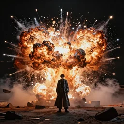 fashion editorial in asteroid impact explosion. wide angle shot. highly detailed. depth of field. high definition. 8k. photography.