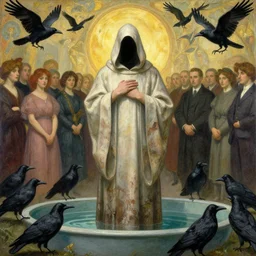 hooded gaunt figure in long grungy decaying baptismal robes before a congregation of crows by nicola samori and tadema by greg rutkowski by alphonse mucha