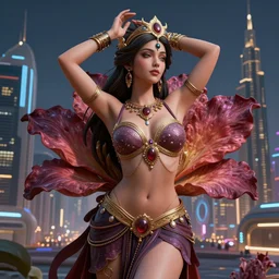 Beautiful 3d render of the flower queen goddess in a sensual pose, with the third eye on her forehead, painted, intricate, volumetric lighting, beautiful, rich deep colours masterpiece, sharp focus, ultra detailed, in the style of Dan Mumford and marc simonetti, with a clear crowded futuristic cyberpunk dubai city in the background, astrophotgraphy