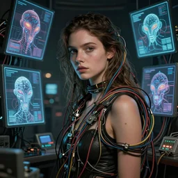 beauty woman,tangled in wires and cables, in holograms of alien artifacts, electrical case display, total recall tech, , ultrarealistic, dramatic lighting, electrical details, high details, 4k, 8k, best, accurate, trending on artstation, artstation, photorealism, ultrarealistic, digital painting, style of Tristan Eaton Stanley Artgerm and Tom Bagshaw, Caravaggio,