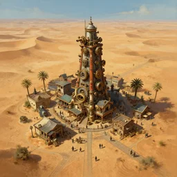 highly detailed painting view from bird's eye postapo steampunk lively small but tall town in the middle of nowhere/wasteland endless empty desert in Mad Max style trending on Artstation, 4K, high quality