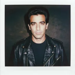Portrait of George Costanza in a leather jacket, ethereal!!!!, polaroid, punk