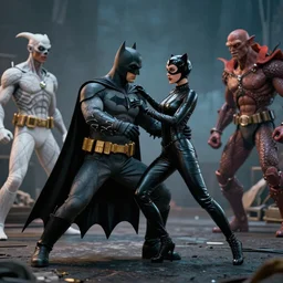 realistic wide angle photo, of Batman dancin with Catwoman, Moebius and Giger, greg rutkowski, very coherent, cinematic, hyper realism, high detail, vivid colors, octane render, unreal engine, 8k, Smooth gradients, High contrast, depth of field by Jacek Yerka