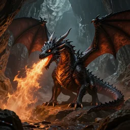 fantasy black dragon living in huge cave, lots of details, fire breath, trending on artstation