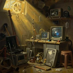 still life photo of a cyberpunk junk shop by pieter claesz, oil on canvas, strong lighting, highly detailed, hyper realism, golden hour, god rays, hd, 4 k