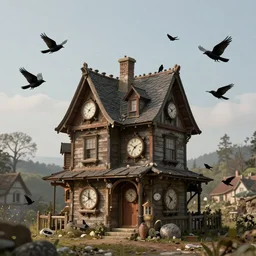 The house of Kriselda Kronos was full of clocks, It was an old house, A little crooked in the course of time, it was located a little way outside the small town, which was in a constant hurry, on a hill, A multitude of tiny turrets adorned its roof, bats and black-winged crows nested under its gables and black-winged crows fluttered around its crumbling chimney, artstation