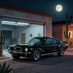 a cinematic keyframe matte painting of a sleek 1 9 7 0 s vaporwave concept retro - futurism sci - fi ford mustang fast back knight rider blacked out car in an open garage in the american southwest, view from the street. in the moonlight. cactus. by eric lafforgue, glennray tutor and edward hopper, greg rutkowski. trending on artstation.