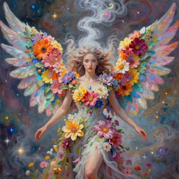 a colorful and provenance portrait painting of a angel with her hugeflowers wings spread out gracefully, highly saturated colors, teardrop eyes open, highly detailed, hair made of hair made of air wind and curling smoke, mist, dust, genie, flowers, flower, stars, spirit fantasy concept art, art by charlie bowater and aenami, trending on artstation.
