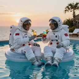 a couple in astronaut suits sitting on an inflatable ring in a swimming pool, drinking a colored cocktail, at sunset