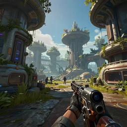 futuristic pubg meets deadspace game first person perspective. screenshot in game, future technology, ancient overgrown with trees outpost, unreal engine 5, colorful, contrast, depth of field, render, greg rutkowski, zabrocki, karlkka, jayison devadas, zdzisław beksinski, trending on artstation, ultra wide angle, zenith view, pincushion lens effect